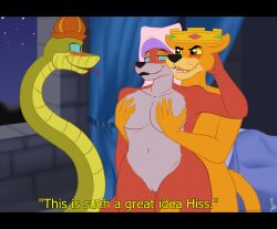  blush bottomless breast_grab breasts disney femsub fox_girl furry groping happy_trance hypnotic_eyes jorgethewolfdog kaa_eyes lion_boy maid_marian_(disney) maledom nude prince_john_(disney) robin_hood_(disney) sir_hiss smile snake snake_boy text tongue tongue_out topless 