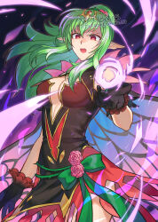 alternate_costume aura betas breasts cleavage corruption english_text female_only femsub fire_emblem fire_emblem_awakening fire_emblem_heroes fire_emblem_shadow_dragon_and_the_blade_of_light gloves green_hair large_breasts long_hair magic nintendo open_mouth ponytail red_eyes text tiki_(fire_emblem) unhappy_trance watermark wings