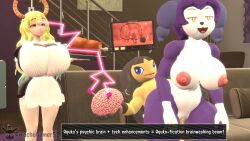 bare_breasts bare_legs bare_shoulders breasts brown_hair drool femsub fishnets happy_trance huge_breasts maid miss_kobayashi&#039;s_dragon_maid multiple_girls multiple_subs nude original pikachugamer52 quetzalcoatl_(maidragon) spiral spiral_eyes tech_control