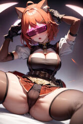  ahoge ai_art animal_ears arms_above_head blush cameltoe cleavage corruption dead_source demon_lilium_(generator) female_only femsub gloves harness large_breasts nijisanji open_mouth opera_gloves orange_hair pussy_juice ratna_petit resisting short_hair sitting skirt solo spread_legs squatting tech_control thick_thighs thighhighs underwear virtual_youtuber visor 