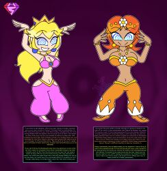  alternate_costume blonde_hair breasts brown_hair character_profile crown dancer dancing earrings english_text femsub happy_trance harem_outfit hypnoscream large_breasts long_hair looking_at_viewer midriff navel nintendo princess princess_daisy princess_peach royalty smile spiralwash_eyes super_mario_bros. tagme tan_skin text 