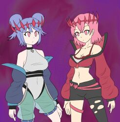 blue_hair empty_eyes evil_twin_ki-sikil evil_twin_lil-la expressionless femsub hypnotic_accessory multiple_girls multiple_subs mythkaz pink_eyes pink_hair short_hair ta yu-gi-oh!