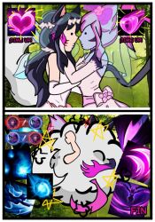 ahri_(league_of_legends) alternate_costume black_eyes black_hair charm_(spell) demon_girl english_text evelynn_(league_of_legends) femsub gameplay_mechanics hand_on_another&#039;s_cheek hand_on_head heart kitsune_girl league_of_legends outdoors plant purple_hair spanish_text sub_on_sub symbol text trance_break trees wedding_dress wolfbiofox yuri