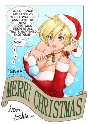 absurdres blonde_hair blue_eyes breasts christmas cleavage eshie female_only femdom gina_(eshie) hat holly large_breasts open_mouth original santa_hat short_hair smile text wholesome