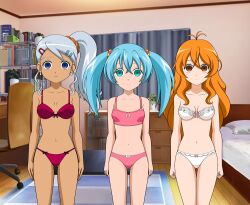 absurdres alice_gehabich bakugan blue_hair breasts dark_skin earrings empty_eyes expressionless female_only femsub jewelry jimryu julie_makimoto large_breasts multiple_girls multiple_subs open_mouth orange_hair runo_misaki silver_hair standing standing_at_attention underwear