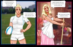 absurdres before_and_after blonde_hair english_text glowing_eyes hypnotic_accessory makeup mspainter muscle_girl ponytail speech_bubble sportswear stepfordization sweat