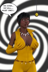  3d black_hair breasts cleavage costume dark_skin dc_comics dialogue drool female_only femsub large_breasts necklace pocket_watch short_hair solo spiral spiral_eyes super_hero symbol_in_eyes text theheckle vixen 