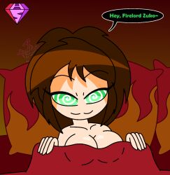  aged_up avatar_the_last_airbender bed brown_hair collarbone english_text eyebrows_visible_through_hair eyelashes femdom green_eyes hypnoscream hypnotic_eyes jin large_breasts looking_at_viewer nickelodeon nude pillow pov_sub seductive_smile speech_bubble spiralwash_eyes tied_hair zuko 