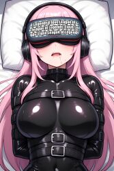  ai_art arms_behind_back bad_end bed bodysuit bondage busshock_(generator) busshock_(manipper) calliope_mori drool femdom femsub headphones hololive hololive_english large_breasts latex long_hair lying on_back open_mouth pillow pink_hair restrained tech_control unhappy_trance very_long_hair virtual_youtuber visor 