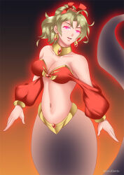 blonde_hair breasts cleavage earrings final_fantasy final_fantasy_vi genie glowing glowing_eyes gradient_background hadant jewelry large_breasts midriff navel open_mouth ponytail short_hair signature simple_background solo terra_branford watermark