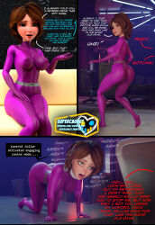  3d all_fours ass big_hero_6 blender bodysuit breasts brown_hair cass_hamada collar comic cosplay dialogue dog_pose eye_roll femsub hypnotic_accessory large_breasts milf open_mouth pet_play short_hair supercasket tech_control text tight_clothing tongue tongue_out totally_spies 