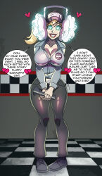 absurdres blonde_hair breasts cleavage clothed collarbone dialogue earmuffs english_text femsub five_nights_at_freddy&#039;s five_nights_at_freddy&#039;s:_security_breach glowing glowing_eyes happy_trance hat heart heart_eyes large_breasts large_hips long_hair looking_at_viewer pants ponytail shirt shoes smile speech_bubble standing symbol_in_eyes tagme text vanessa_(five_nights_at_freddy&#039;s) zorro-zero