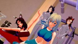 3d aware blake_(blakiee) blonde_hair blue_eyes blue_hair blush bodysuit brown_hair charlotte_(milena) collar crop_top cybus_industries doctor_who_(series) drone eleanor_(milena) female_only femsub flower flower_in_hair fox_ears fox_girl glasses green_eyes happy_trance hypnotized_hypnotist kitsune_girl koikatsu! latex lipstick liz_(blakiee) milena navel original pink_hair red_hair shark_girl sportswear tech_control wolf_girl 
