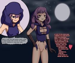  avi(_kiu) bottomless breast_expansion breasts empty_eyes femsub gloves idpet moon_trigger purple_hair pussy red_eyes split_personality text torn_clothes transformation twintails werewolf 