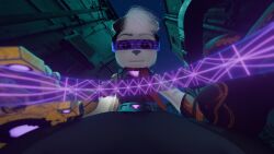  3d absurdres animal_ears belt clothed corruption earrings enemy_conversion expressionless female_only femdom femsub flat_chest furry goggles goggles_on_head grey_hair grey_skin hypnotic_accessory hypnotized_hypnotist piercing pov pov_sub prosthetic_limb ratchet_and_clank rivet scarf short_hair solo tech_control tommy_swanson 