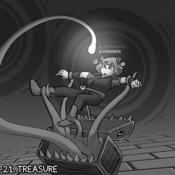  brushie_art charm_(spell) clothed dazed femsub gameplay_mechanics greyscale hypnotic_tentacle hypnovember mimic monochrome monster penny_(brushie_art) restrained sword tentacles treasure_chest 