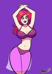 andrea_(lewd_rays) animated arms_above_head bouncing_breasts breasts cleavage collarbone dancer dancing female_only femsub happy_trance harem_outfit huge_breasts lipstick long_hair makeup navel psyfly purple_background red_hair signature simple_background smile spiralwash_eyes tagme video