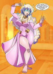  absurdres barefoot blonde_hair blue_eyes cleavage clothed collarbone dancing dialogue dress earrings femsub glowing_eyes gurren_lagann harem_outfit large_breasts looking_at_viewer nia_teppelin speech_bubble standing text very_long_hair zorro-zero 
