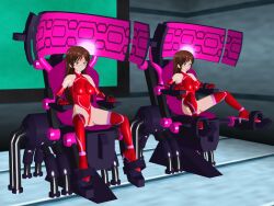  3d 3d_custom_girl bare_shoulders blush breasts brown_hair chair cuffs female_only femsub gloves green_eyes leotard long_hair multiple_girls multiple_subs original restrained saihate_no_majo sitting spread_legs thigh_boots thighhighs 