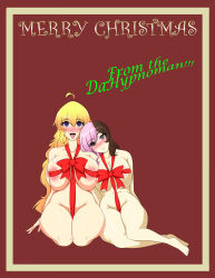 absurdres blonde_hair blush bottomless breasts christmas femsub happy_trance heterochromia huge_breasts kneeling long_hair multicolored_hair multiple_girls multiple_subs naked_ribbon neo-izayoi neopolitan nude ribbon ribbon_bondage rwby smile spiral_eyes symbol_in_eyes text tongue tongue_out topless yang_xiao_long