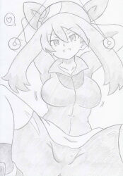  bandana banshou breasts clothed coin femsub greyscale hand_on_head happy_trance heart large_breasts may_(pokemon) monochrome nintendo pendulum pokemon pokemon_ruby_sapphire_and_emerald shorts smug solo spread_legs thick_thighs thighs tight_clothing twintails white_background 