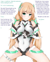 angela_balzac aware bare_shoulders blonde_hair blush body_control bodysuit consensual cradily_(manipper) empty_eyes expelled_from_paradise female_only femsub gloves long_hair mango manip simple_background text wholesome