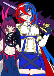 alear_(fire_emblem) alternate_form aura blue_hair blush breasts character_request cleavage corruption evil_smile femsub fire_emblem fire_emblem_engage gloves glowing glowing_eyes happy_trance hypnotized_dom ivy_(fire_emblem) long_hair multicolored_hair nightmare_fuel nintendo nipples possession purple_eyes purple_hair red_hair skinsuit smile sword vel weapon