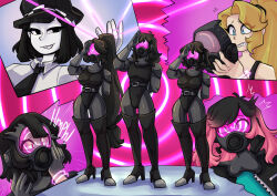  aztromelie black_hair blonde_hair blue_eyes bodysuit breasts cap cid_(not-a-soda) clothed dronification english_text female_only femdom femsub hair_color_change hat high_heels izzy_the_mine kaylee_jackson large_breasts long_hair multicolored_hair multiple_girls multiple_subs original pink_hair ponytail saluting selina_(not-a-soda) short_hair spiral spiral_background sweat text tie tight_clothing very_long_hair 