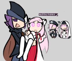 ami_(gwain_saga) chibi drool english_text femsub grey_background gwain_saga hat long_hair maledom multiple_girls multiple_subs open_mouth original pink_eyes pink_hair purple_eyes purple_hair savien_(gwain_saga) simple_background skecchyartist text veil