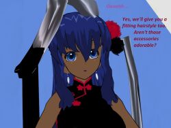 3d blue_eyes blue_hair brain_drain china_dress dark_skin earrings flamekin hair_ornament long_hair text