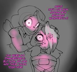 betrayal charlie_(hazbin_hotel) dialogue faetomi happy_trance hazbin_hotel hypnotic_screen hypnotized_hypnotist pink_eyes straitjacket text vaggie_(hazbin_hotel)