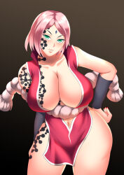 blush breasts cleavage corruption empty_eyes female_only femsub gradient_background green_eyes hadant happy_trance huge_breasts hypnotic_tattoo naruto_(series) pink_hair sakura_haruno short_hair simple_background solo tattoo