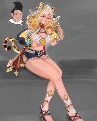 a_(adzrcool45) bare_legs black_hair blonde_hair breast_fondling breasts crossed_legs eye_color_change femsub genshin_impact legs long_hair maledom midriff nail_polish navel original possession red_eyes sandals short_hair sitting speech_bubble tail xilonen_(genshin_impact) yang_yang