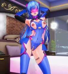  3d alternate_color_scheme armpits arms_above_head barefoot bed bedroom blue_hair blush boots censored crotch_cutout crotch_tattoo custom_maid_3d_2 dfish303 drool erect_nipples_under_clothes feet female_only femsub gloves high_heels leotard long_hair looking_at_viewer miniskirt nipple_cutout nipples open_clothes open_mouth opera_gloves pink_eyes pubic_hair pussy pussy_juice sapphire_lip_(dfish303) skirt solo standing tattoo tech_control thigh_boots thighhighs tongue tongue_out visor 