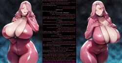  absurdres ai_art bodysuit caption cleavage dialogue drone english_text femdom femsub gloves huge_breasts hypnotic_breasts hypnotized_dom hypnotized_hypnotist malesub manip memory_alteration mommy_fetish original pink_eyes pink_hair pov pov_sub stewarone_(manipper) sweat text wide_hips world_all_waifu 