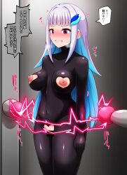  angry blue_hair blush bodysuit breasts breath censored clothed_exposure crotch_cutout electricity erect_nipples female_only femsub hair_ornament japanese_text large_breasts lize_helesta long_hair multicolored_hair nijisanji nipple_cutout nipples pink_eyes pussy resisting satouminami598 silver_hair solo speech_bubble standing sweat torn_clothes trapped trembling virtual_youtuber 