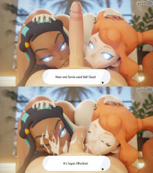  3d black_hair blue_eyes blue_hair cum cum_on_face dark_skin dochaunt fellatio femsub glowing_eyes long_hair nessa_(pokemon) nintendo orange_hair penis pokemon pokemon_sword_and_shield sonia_(pokemon) tagme text 