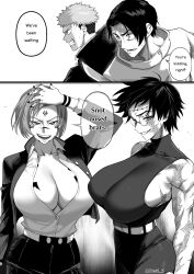 cleavage clothed dialogue english_text femsub glasses huge_breasts itadori_yuji jujutsu_kaisen kenjaku kugisaki_nobara maki_zenin maledom multiple_boys multiple_doms multiple_girls multiple_subs nesz possession ryomen_sukuna scars short_hair simple_background text white_background yuta_okkotsu