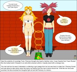 blonde_hair cassidy dialogue empty_eyes femsub flannery large_breasts long_hair nabs001 nintendo pokemon red_hair team_hypno text