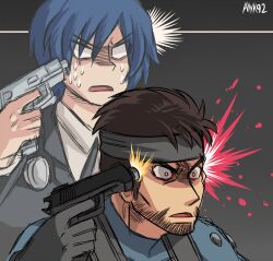 ayyk92 beard blood blue_hair brown_hair death glowing glowing_eyes gun headband humor imminent_death male_only maledom malesub metal_gear metal_gear_solid minato_arisato nintendo persona_(series) persona_3 possession short_hair solid_snake suicide super_smash_bros. sweat weapon