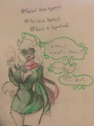  blush cleavage deltarune dialogue drool fangs female_only femsub furry genderswap glasses goat_girl horns kaa_eyes open_mouth powerupbonnie ralsei robe scarf solo speech_bubble spiral standing tagme tail text traditional white_skin 