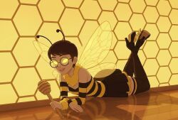  ai_art antenna_(biology) bee_girl black_hair carmen_sandiego crossed_arms crossed_legs female_only femsub glasses glowing glowing_eyes insect julia_argent_(carmen_sandiego) looking_at_viewer lying posing short_hair solo wings yellow_eyes zupern0va_(manipper) 
