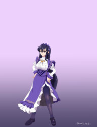 absurdres ayra_(fire_emblem) before_and_after black_hair breasts clothed cuffs dress female_only femsub fire_emblem fire_emblem_genealogy_of_the_holy_war gradient_background hand_on_hip headdress large_breasts legs moja_taishi pantyhose pink_eyes shoes signature simple_background solo very_long_hair