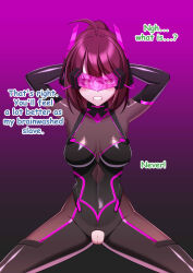  arms_above_head barcode bodysuit brown_hair cables collar corruption green_eyes headphones lukazyx misti_rockwell_(lilpenpusher) original purple_background resisting tech_control text visor 