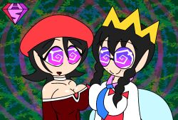  adeleine aged_up alternate_costume androgynous_dom bare_shoulders beret black_hair breast_press choker cleavage collarbone crown drool eyebrows_visible_through_hair fairy female_only femsub freckles glasses hair_ribbon happy_trance hypnoscream kirby_(series) large_breasts multiple_girls multiple_subs nintendo open_mouth purple_eyes queen_ripple royalty simple_background smile spiralwash_eyes tie twintails wings 