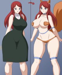  absurdres before_and_after clothed_exposure collarbone dead_source doll_joints dollification dress empty_eyes facial_markings fox_ears fox_girl fox_tail gradient_background grey_eyes hair_ornament happy_trance hourglass_figure kushina_uzumaki large_breasts long_hair mechacat9000 milf naruto_(series) panties red_hair simple_background smile spread_legs symbol_in_eyes tail 
