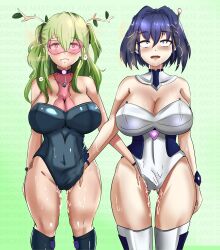 absurdres antenna blue_eyes blue_hair breasts ceres_fauna cleavage drone fembot femsub fingering green_hair happy_trance hololive hololive_english kronii_ouro large_breasts leotard masturbation smeef tech_control text virtual_youtuber visor yellow_eyes