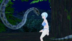  3d bikini blue_eyes breasts cleavage confused disney kaa kaa_eyes large_breasts leaning_forward leopard_print lipstick long_hair makeup mmd mrkoiru open_mouth outdoors pale_skin ponytail rwby sitting snake the_jungle_book trees weiss_schnee white_hair 