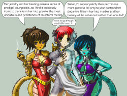blue_hair breasts brown_hair empty_eyes expressionless femdom femsub large_breasts monster_girl naga_girl open_mouth petrification ponytail purple_eyes red_hair scales short_hair snake_girl text veloxiraptor yellow_eyes