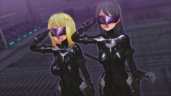  3d black_hair blonde_hair bodysuit catsuit custom_maid_3d_2 female_only femsub hypnotic_accessory large_breasts latex long_hair multiple_girls multiple_subs nyorohsb open_mouth rubber saluting short_hair standing standing_at_attention tech_control visor weapon 